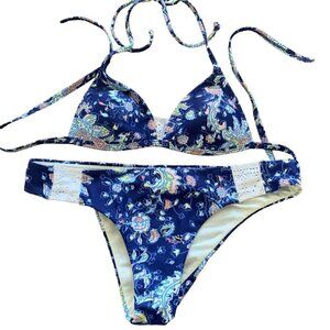 ROXY Bikini Top Sz S, Bottom M, Floral Paisley Lace Insert Halter Top 77B